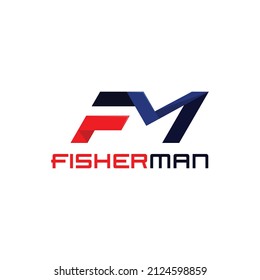 Angler logo. FM writing logo in red and blue