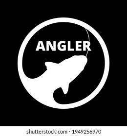 Angler logo round shape. Silhouette of a fish for an angler's logo. Black and white logo with angler writing. A round fishing icon with a fish icon on it.
