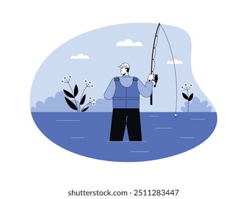 Angler procurando um bom ponto de pesca, água, azul, estilo semitrilo, ilustração vetorial.