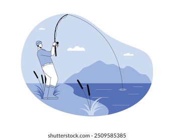 Angler ziehen die Angelrute zum Fischen verwendet, blau, Halbkontur Stil, Vektorgrafik.