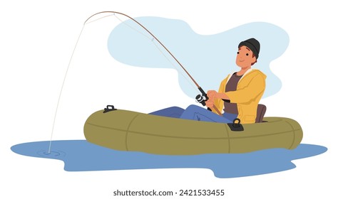 Angler In A Rubber Boat, Casting With A Fishing Rod, Seeks Tranquility Amid Rippling Waters, Fisherman Character Hoping For A Catch Beneath The Vast Sky. Cartoon People Vector Illustration