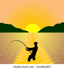 angler silhouette on the background of the setting sun