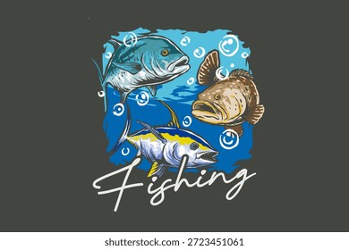 design de t-shirt de pescador, com três tipos de peixe