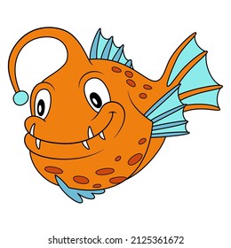 Anglerfish cartoon style illustration. Happy smiling face. Cheerful orange mascot and character for children with blue fins. Cute wildlife underwater creature for zoo or aquarium logo.