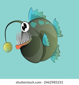 Anglerfish cartoon style illustration. Happy smiling face. Cheerful orange mascot and character for children with blue fins. Cute wildlife underwater creature for zoo or aquarium logo.