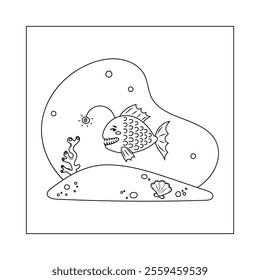 Anglerfish Contour Coloring book. Character in children's style. Isolated vector illustration.