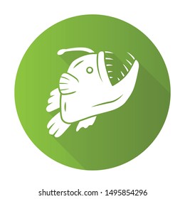 Anglerfish green flat design long shadow glyph icon. Swimming goosefish. Underwater world. Ocean monster, undersea animal with open mouth. Marine predator. Vector silhouette illustration