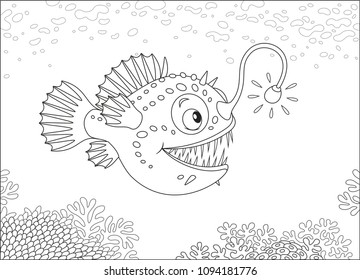 Anglerfish hunting deep in a sea, black and white vector illustration in a cartoon style for a coloring book