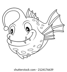 Anglerfish line art illustration. Happy smiling face. Cheerful mascot and character for children and kids coloring book or coloring pages. Uncolored blank outline image on white background.