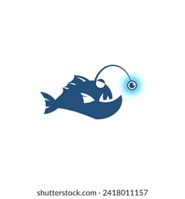 Logo de Anglerfish. ilustración vectorial de icono de pez angler aislado. ilustración de un pez con una lámpara o linterna en la cabeza. Vector de diseño de caracteres de pescado. 