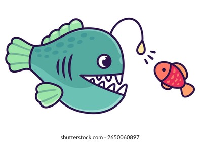 Anglerfish luring small fish with its angler light, cartoon drawing. Deep sea creature vector illustration.