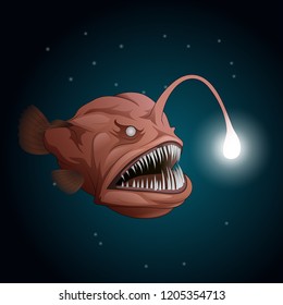 Anglerfish mouth on dark background. Luminous bait and anglerfish teeth. Vector illustration