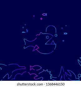 Anglerfish Vector Line Illustration. Marine Life, Underwater World, Sea Creature Gradient Icon, Symbol or Pictogram, Sign. Dark Blue Background. Related Bottom Border.