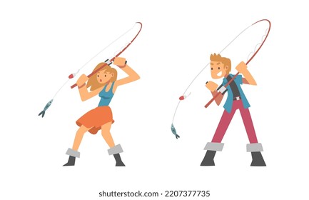 Anglers boy and girl fishing with rods set cartoon vector illustration