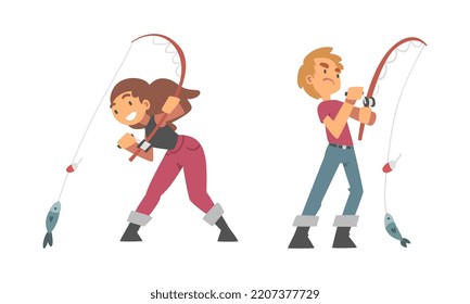 Anglers characters. Boy and girl with fishing rods and fish cartoon vector illustration