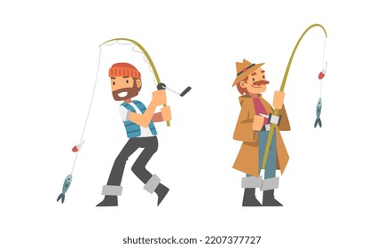 Anglers characters. Fshermen with fishing rods and fish cartoon vector illustration