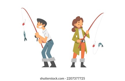 Anglers characters. Man and young woman with fishing rods and caught fish cartoon vector illustration