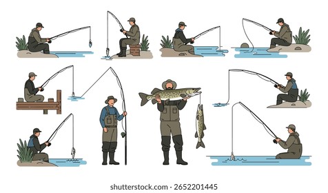 Pescadores que desfrutam de atividades de pesca recreativa lançando linhas e capturando peixes em vários ambientes aquáticos