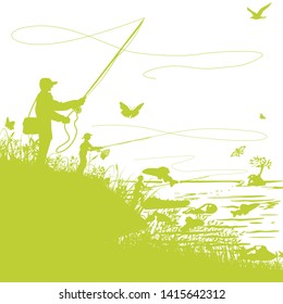 Anglers at the peaceful river and fly fishing