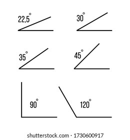 Ecken. 30, 35, 45,90,120 Grad Winkel. Gleicht Ikonen mit weißem Hintergrund. Vector