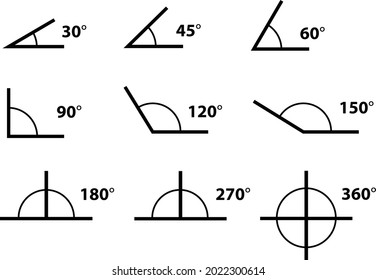 Angles icons set on white background. 30, 45, 60, 90, 120, 150, 180, 270 and 360 degree icon set. Geometric symbol. Angles set sign. flat style. 