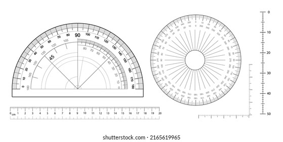 Angles measuring tool set. Round 360 protractors scale, 180 degrees measure, metric rulers set. Equipment protractor to angle measure, drafting chart