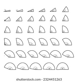 Angles set with different degrees. 10,15,20,25, 30,35,40, 45,50,55, 60,65,70, 75,80,85, 90,95,100, 110,115, 120,125,130,135,140,145, 150,155,160,165,170,175,180,185degree. Geometric and mathematical  svg