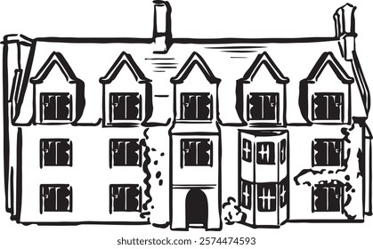 Anglesey Abbey facade, Cambridge, England black and white ink sketch. Historic Jacobean-style house with elegant gardens and rich heritage. Perfect for tourism, travel, and cultural history projects.