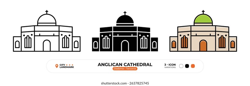 Anglican Cathedral Line Icon, Dodoma, Tanzania Landmark Silhouette, Color Vector, Editable Stroke.