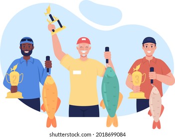 Angling championship winners 2D vector isolated illustration. Fishermen with fishing awards and fishes flat characters on cartoon background. Friendly atmosphere for competitors colourful scene