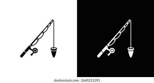 Equipamento de ângulo mostrado com uma silhueta de vara de pesca em fundos preto e branco contrastantes. Vetor características gráficas haste, linha e bobber pronto para a pesca.