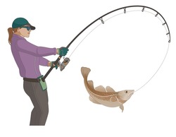 Angling Fishing, Fisher-woman Catching Fish Using Fishing Pole And Lure, Isolated On A White Background