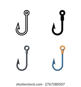 Angling hook collection, barbed lure icons, freshwater and saltwater kit, boating weekend banner, camping trip checklist, vector illustration design