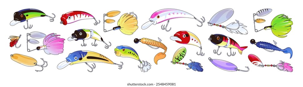 Angling lure set. Different artificial baits with feathers and hooks. Angler tackle to catch fish with fishing rod. Fisher accessories, tools. Flat isolated vector illustration on white background