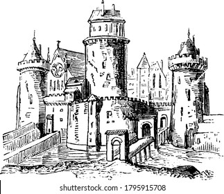 Anglo-Saxon Feudal castle, vintage line drawing or engraving illustration.