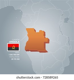 Angola 3d map with information of area and population of the country.
