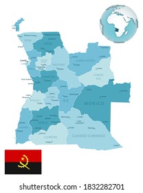 Angola administrative blue-green map with country flag and location on a globe. Vector illustration