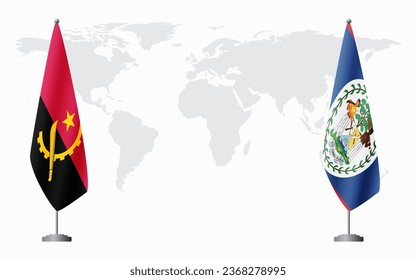 Angola and Belize flags for official meeting against background of world map.