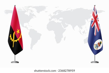 Angola and Cayman Islands flags for official meeting against background of world map.