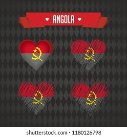 Angola. Collection of four vector hearts with flag. Heart silhouette