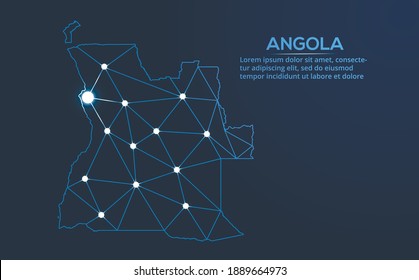Angola communication network map. Vector low poly image of a global map with lights in the form of cities. Map in the form of a constellation, mute and stars.