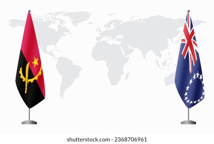 Angola and Cook Islands flags for official meeting against background of world map.