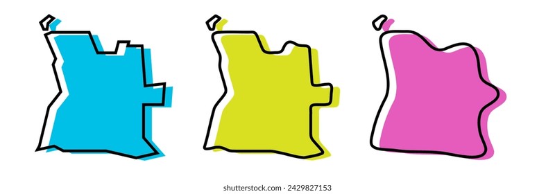 Angola country black outline and colored country silhouettes in three different levels of smoothness. Simplified maps. Vector icons isolated on white background.