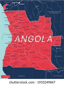 Angola country detailed editable map with regions cities and towns, roads and railways, geographic sites. Vector EPS-10 file