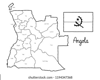 Angola Country Map Flag Vector Illustration Hand Drawn Cartoon Art