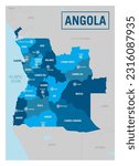 Angola country political map.Africa.  Detailed vector illustration with isolated provinces, departments, regions, cities, islands and states easy to ungroup.