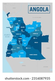 Angola country political map.Africa.  Detailed vector illustration with isolated provinces, departments, regions, cities, islands and states easy to ungroup.