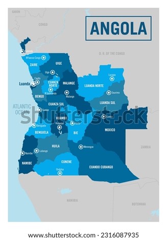 Angola country political map.Africa.  Detailed vector illustration with isolated provinces, departments, regions, cities, islands and states easy to ungroup.