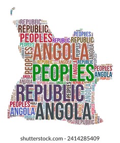 Angola país forma la nube de palabras. Ilustración de país estilo tipografía. Imagen de Angola al estilo de la nube de texto. Ilustración vectorial.