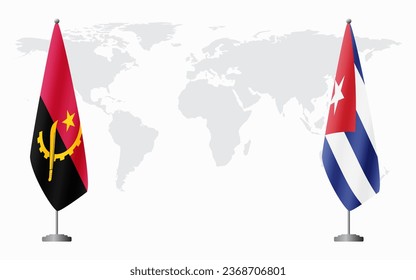Angola and Cuba flags for official meeting against background of world map.